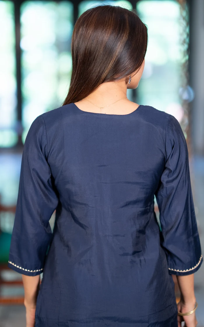 Navy Blue Kalamkari Printed Straight Kurta set with Dupatta